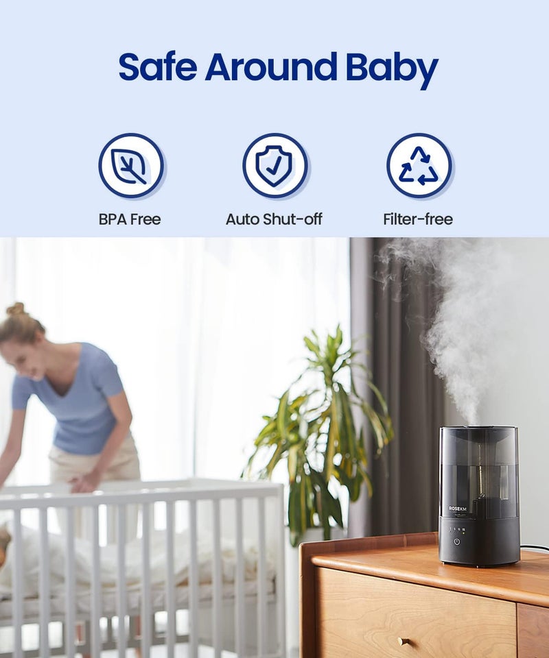 Rosekm Humidifiers for Bedroom (1.1L), Small Cool Mist Humidifier for Home Plant and Baby Nursery, Quiet Ultrasonic Humidifier with 360° Nozzle, Auto Shut-Off, Filterless, Black - Image 4